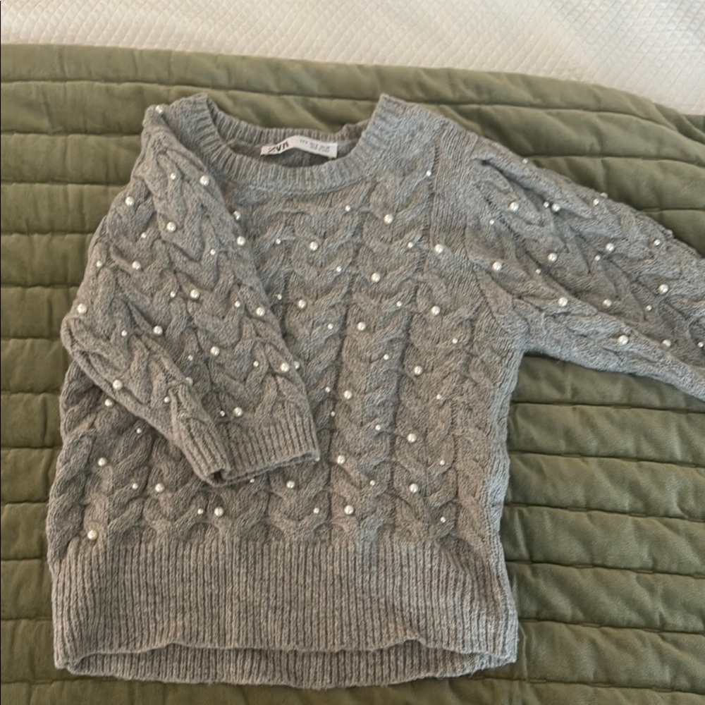 Zara Gray Crew Neck Sweater with Metallic Accents